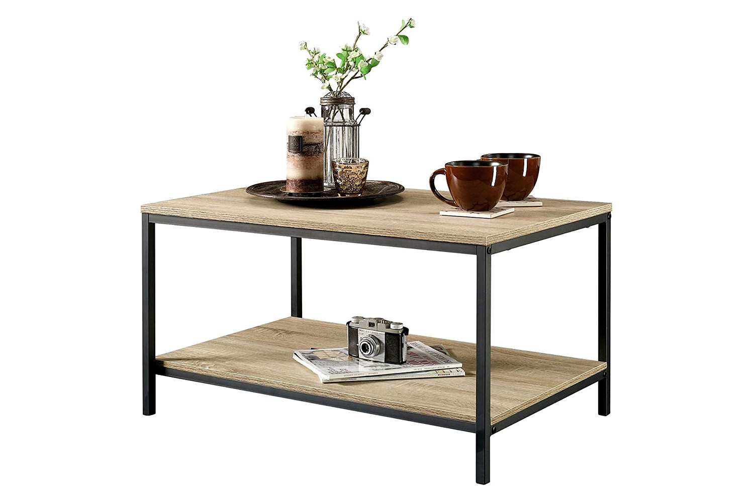 FaFurn Black Metal Frame Coffee Table with Oak Finish Wood Top and Shelf