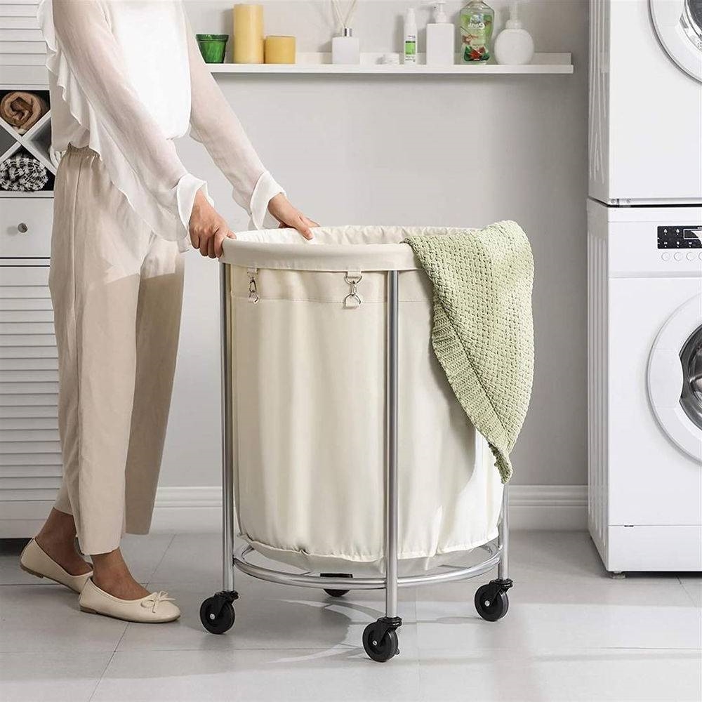 FaFurn Laundry Hamper Basket with Bag Steel Frame on Wheels - Cream