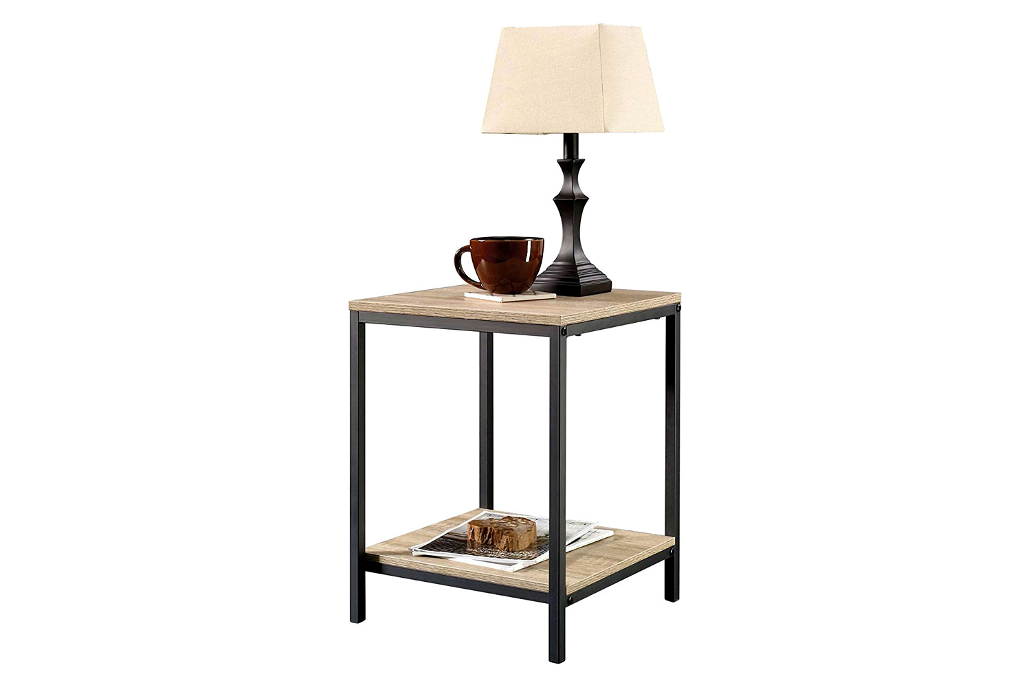 FaFurn Modern Black Metal Frame End Table with Oak Finish Wood Top and Bottom Shelf