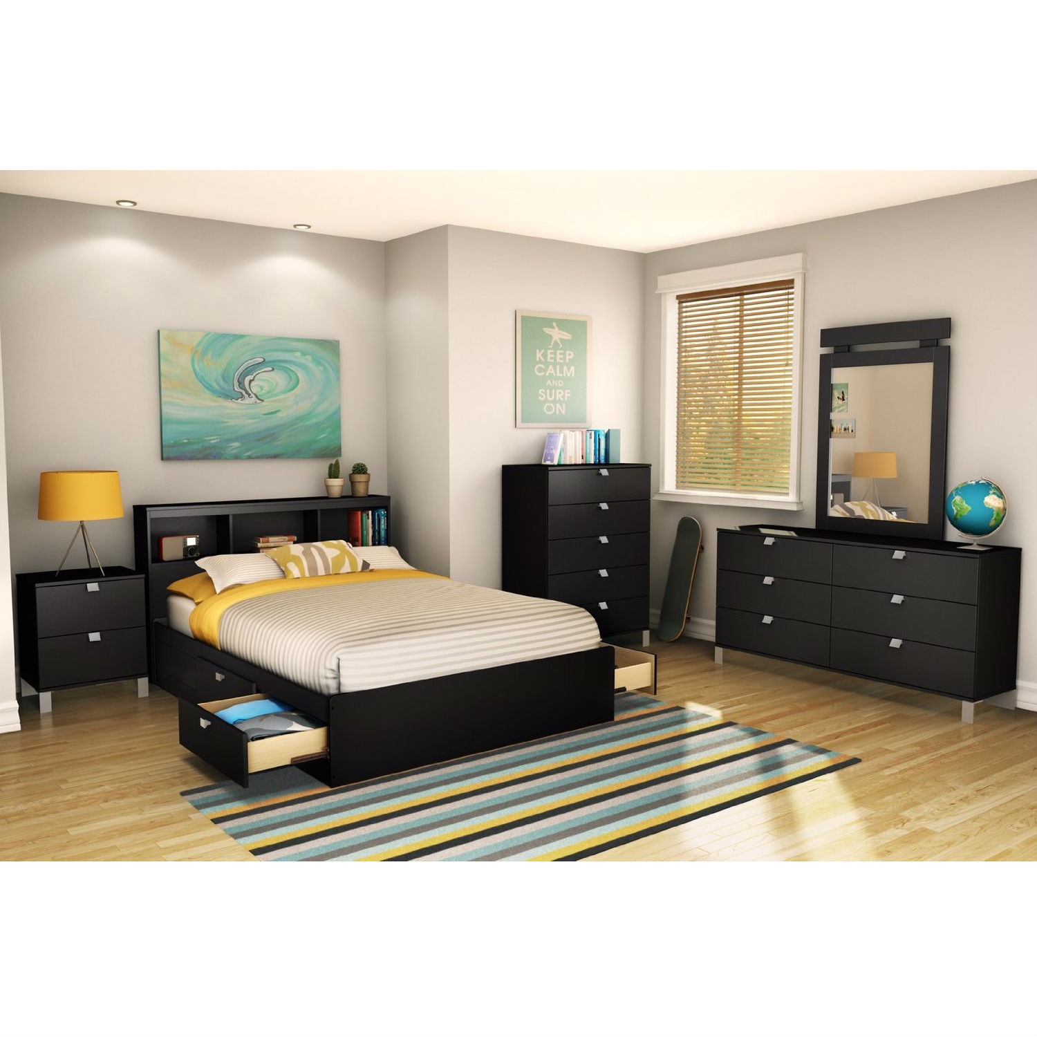 FaFurn - Modern Full Size Platform Bed Frame with 4 Storage Drawers in Black