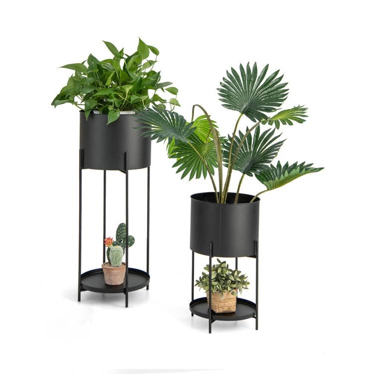 FaFurn - Set of 2 Garden Pot Stand with Bottom Shelf in Black, Metal