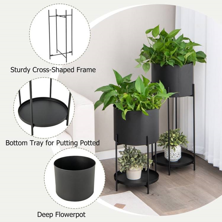 FaFurn - Set of 2 Garden Pot Stand with Bottom Shelf in Black, Metal