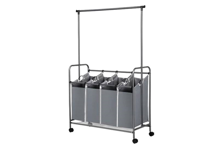 FaFurn - Gray 4-Bag Laundry Cart Hamper with Hanging Garment Rack Bar