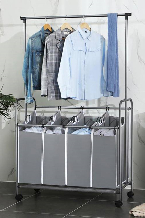 FaFurn - Gray 4-Bag Laundry Cart Hamper with Hanging Garment Rack Bar