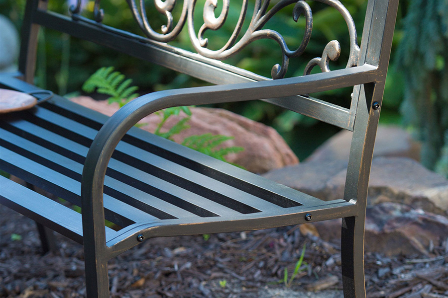 FaFurn - Curved Metal Garden Bench with Heart Pattern in Black Antique Bronze Finish