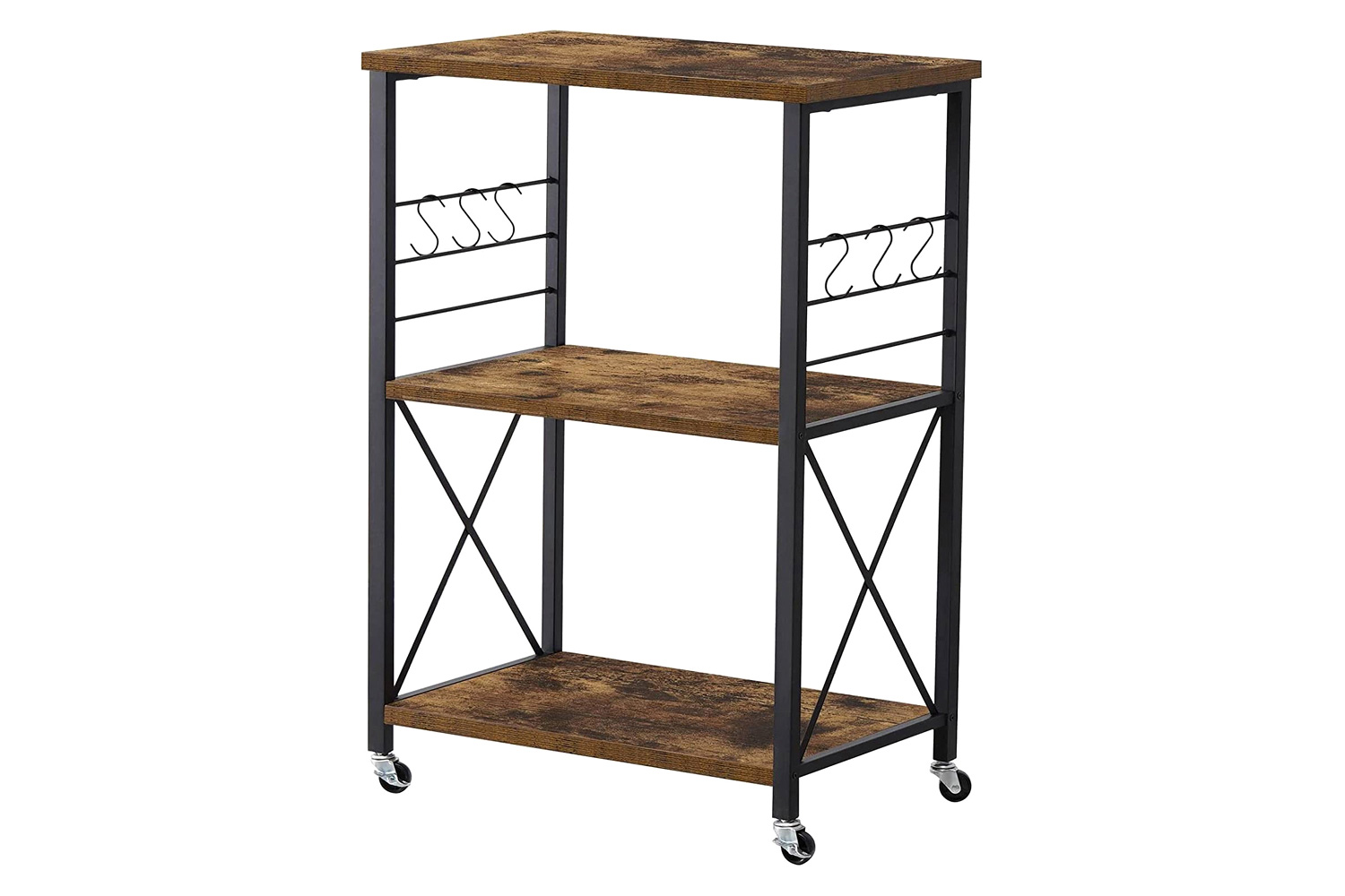 FaFurn - Black Metal Rustic Brown Wood 3-Shelf Kitchen Baker'S Rack Microwave Cart