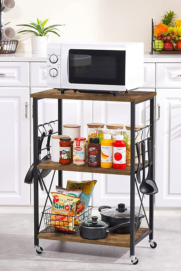 FaFurn - Black Metal Rustic Brown Wood 3-Shelf Kitchen Baker'S Rack Microwave Cart