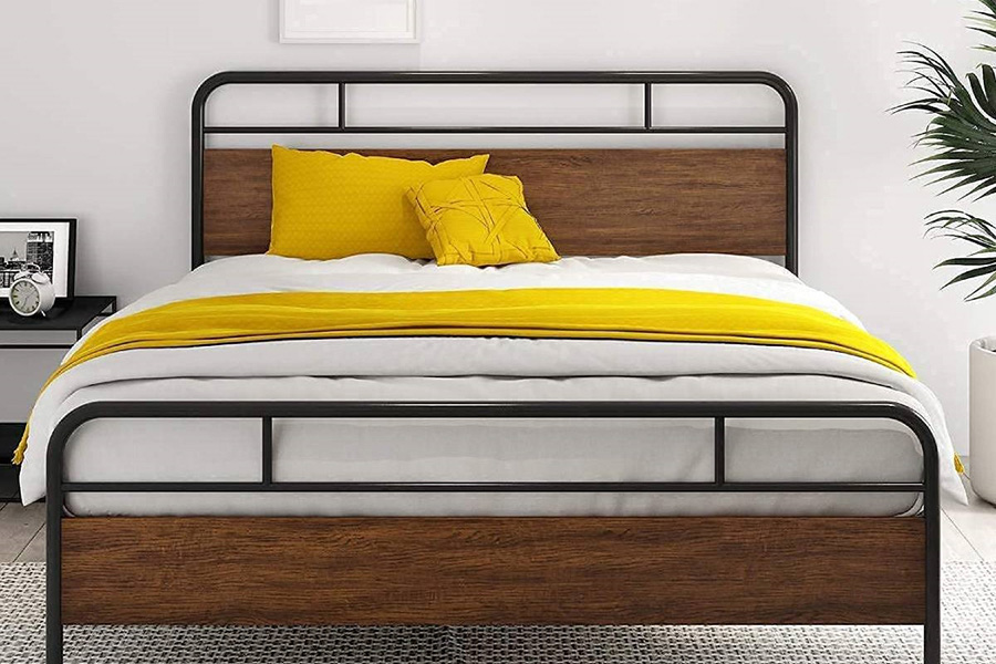 FaFurn - Industrial Metal Wood Platform Bed Frame with Headboard and Footboard