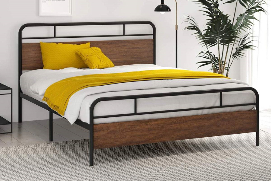 FaFurn Industrial Metal Wood Platform Bed Frame with Headboard and Footboard - Full Size