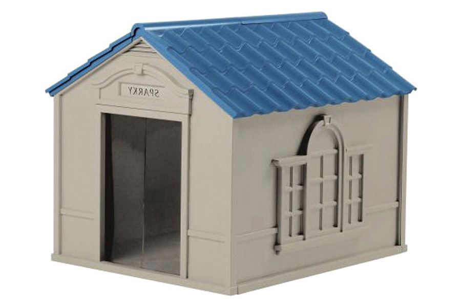 FaFurn - Outdoor Dog House in Taupe and Blue Roof Durable Resin For Dogs Up To 100 Lbs