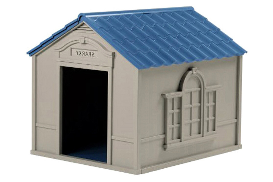 FaFurn - Outdoor Dog House in Taupe and Blue Roof Durable Resin For Dogs Up To 100 Lbs