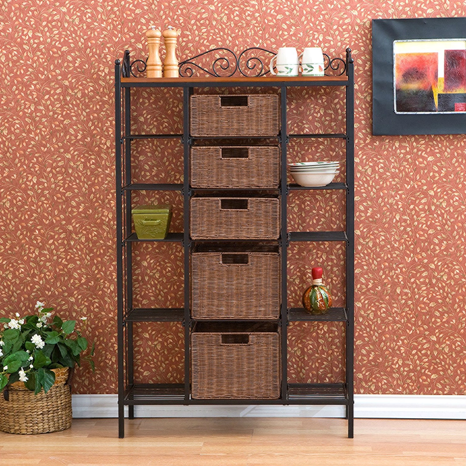 FaFurn - Bakers Rack with 5 Rattan Baskets in Iron