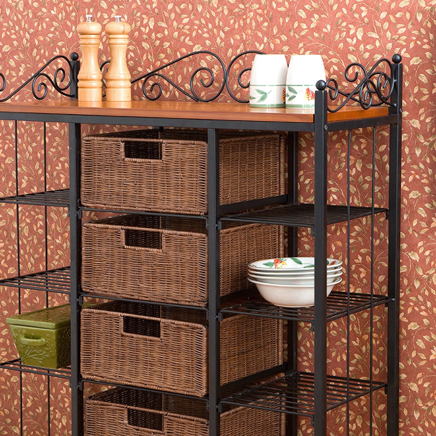 FaFurn - Bakers Rack with 5 Rattan Baskets in Iron