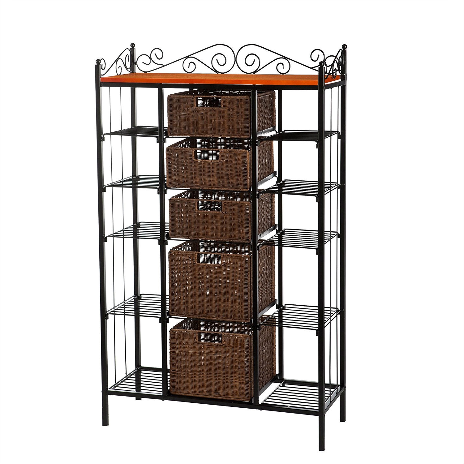 FaFurn - Bakers Rack with 5 Rattan Baskets in Iron