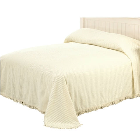 FaFurn - King Size Bedspread with Fringed Edges in Ivory, Cotton