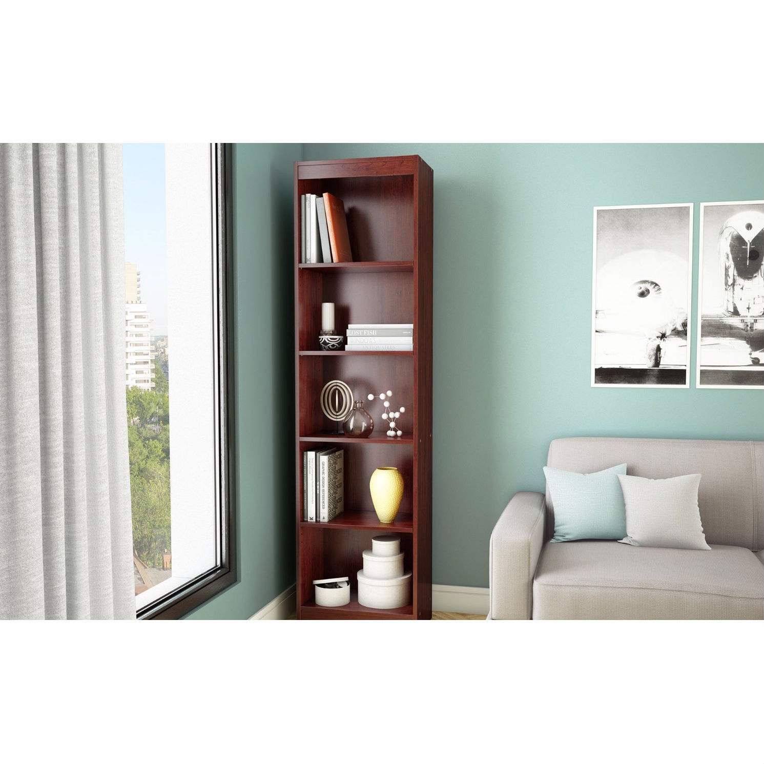 FaFurn Contemporary Tall 5-Shelves Bookcase with 5 Shelves - Royal Cherry, Wood