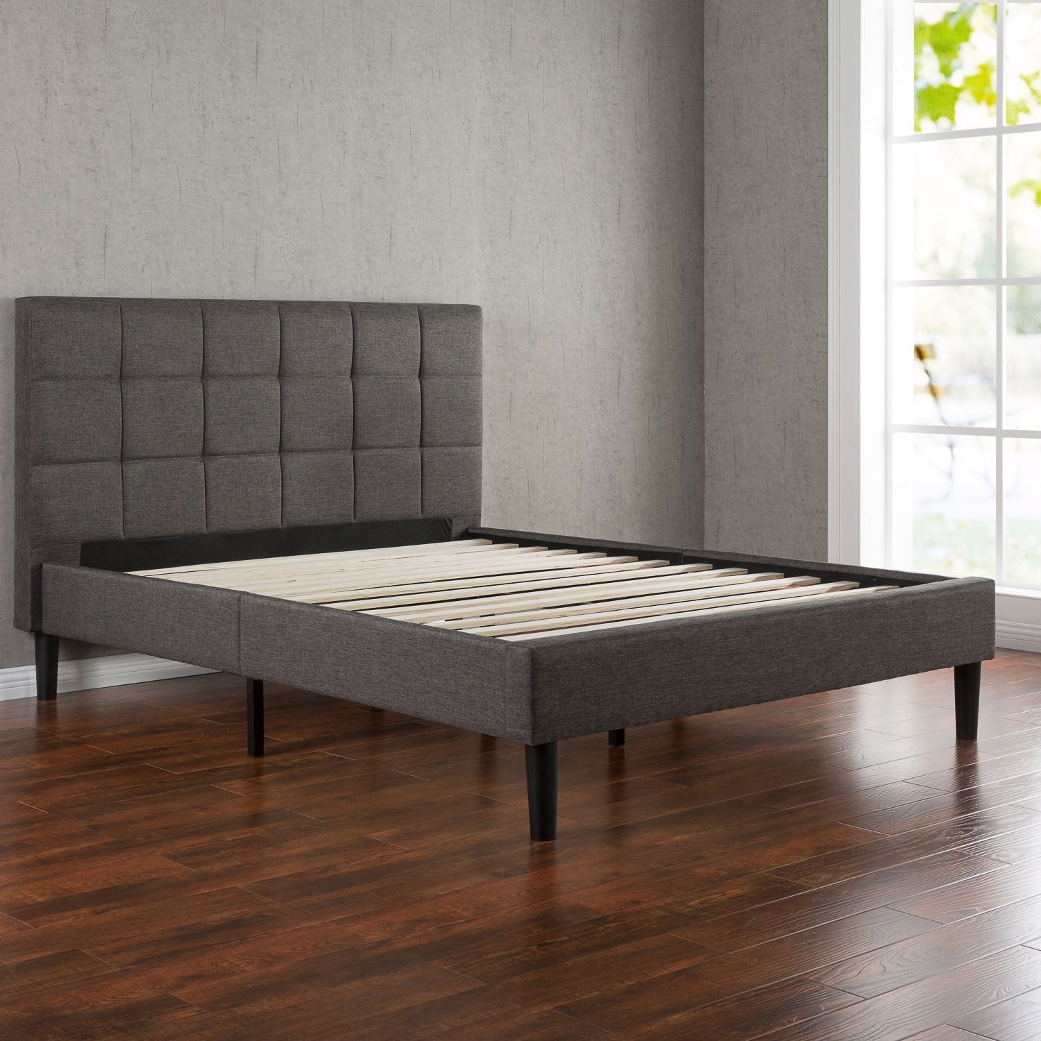 FaFurn - Modern Full Size Platform Bed with Square Stitched Upholstered Headboard in Dark Gray