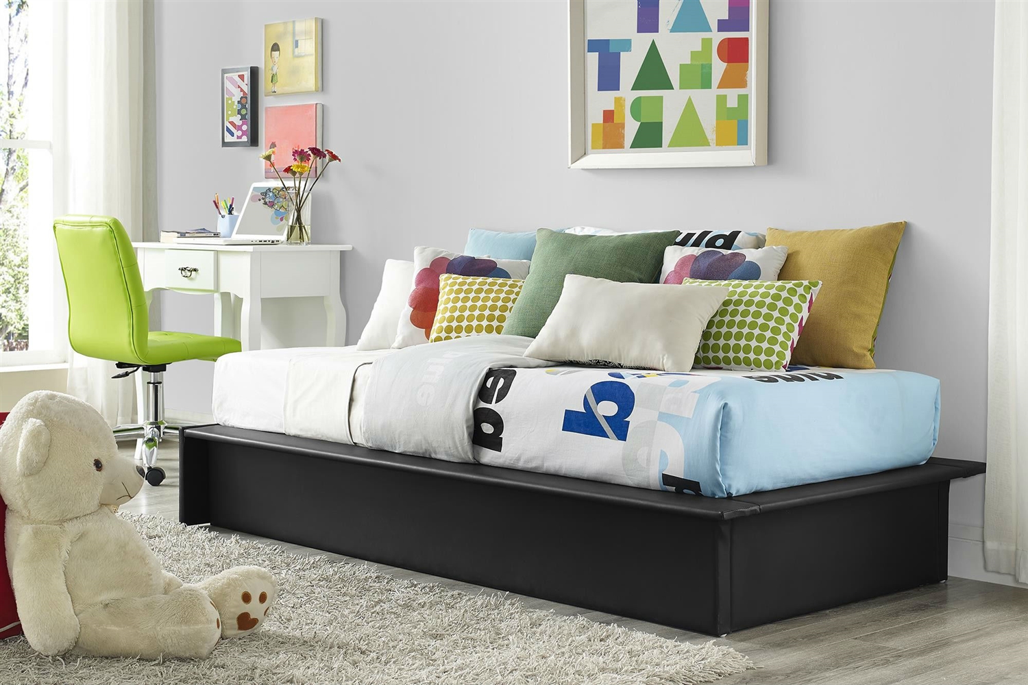 FaFurn - Twin Size Bed Frame with Wood Slats in Black, Leather