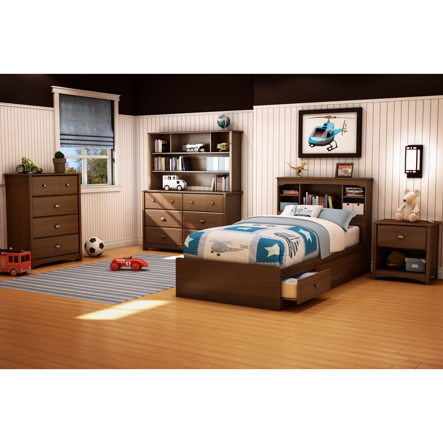 FaFurn - Twin Size Platform Bed Frame with 3 Storage Drawers in Cherry