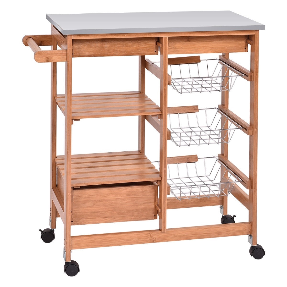 FaFurn - Kitchen Island Cart with Casters in Stainless Steel/Bamboo