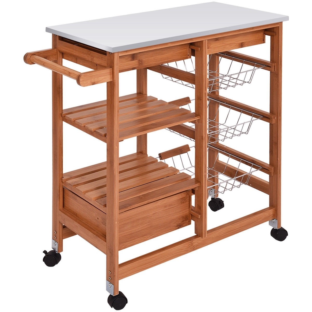 FaFurn - Kitchen Island Cart with Casters in Stainless Steel/Bamboo