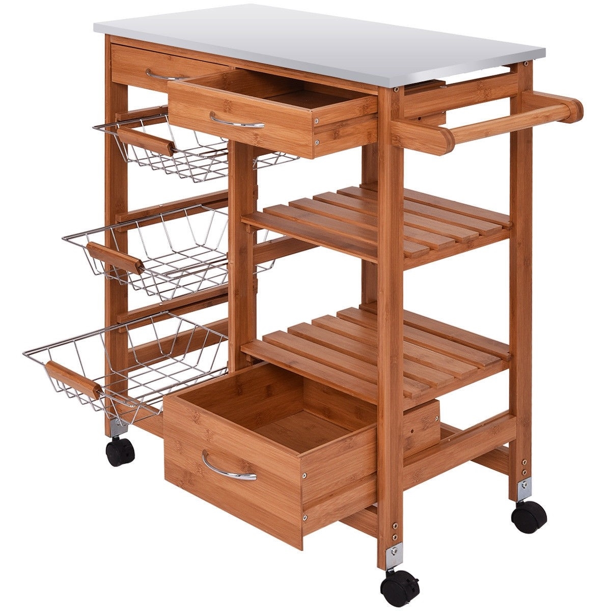 FaFurn - Kitchen Island Cart with Casters in Stainless Steel/Bamboo