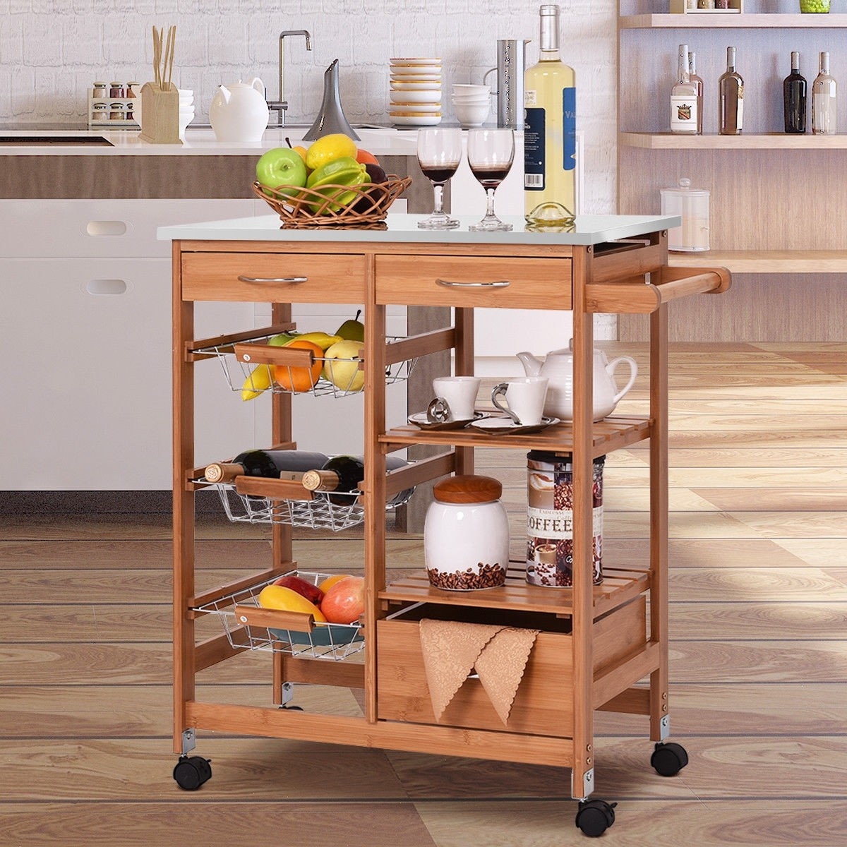 FaFurn - Kitchen Island Cart with Casters in Stainless Steel/Bamboo