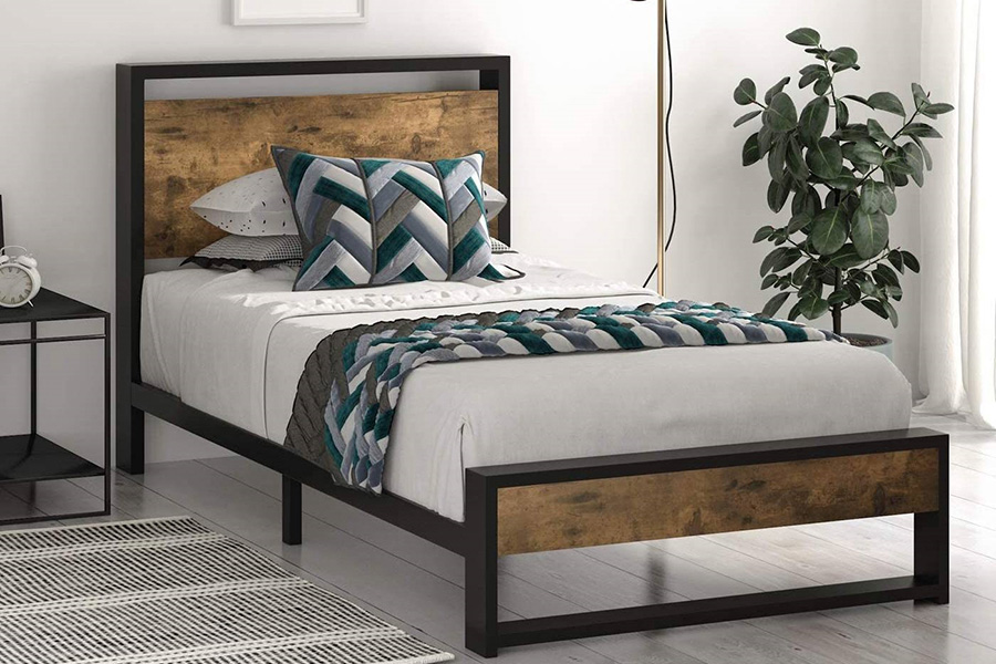 FaFurn Metal Wood Platform Bed Frame with Industrial Headboard - Twin Size