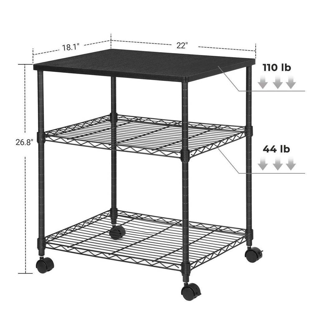 FaFurn - Printer Stand with 2-Shelves and Locking Casters in Black, Metal/Wood