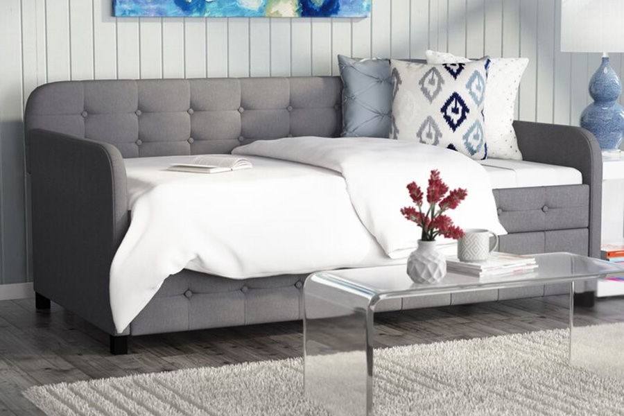 FaFurn - Gray Tufted Polyester Linen Twin Daybed with Trundle