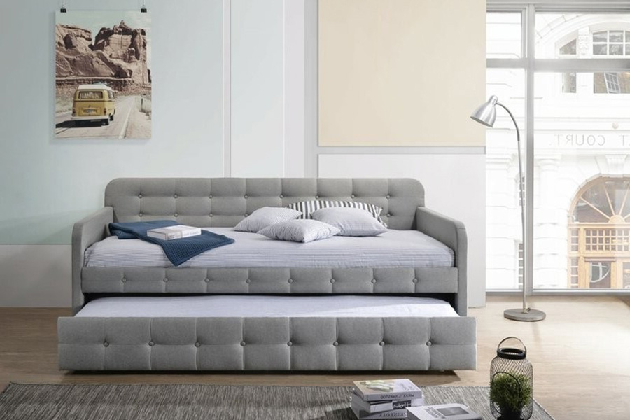 FaFurn - Gray Tufted Polyester Linen Twin Daybed with Trundle