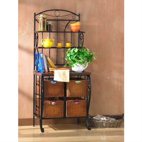 FaFurn - Bakers Rack with 4 Wicker Drawers in Metal/Wood