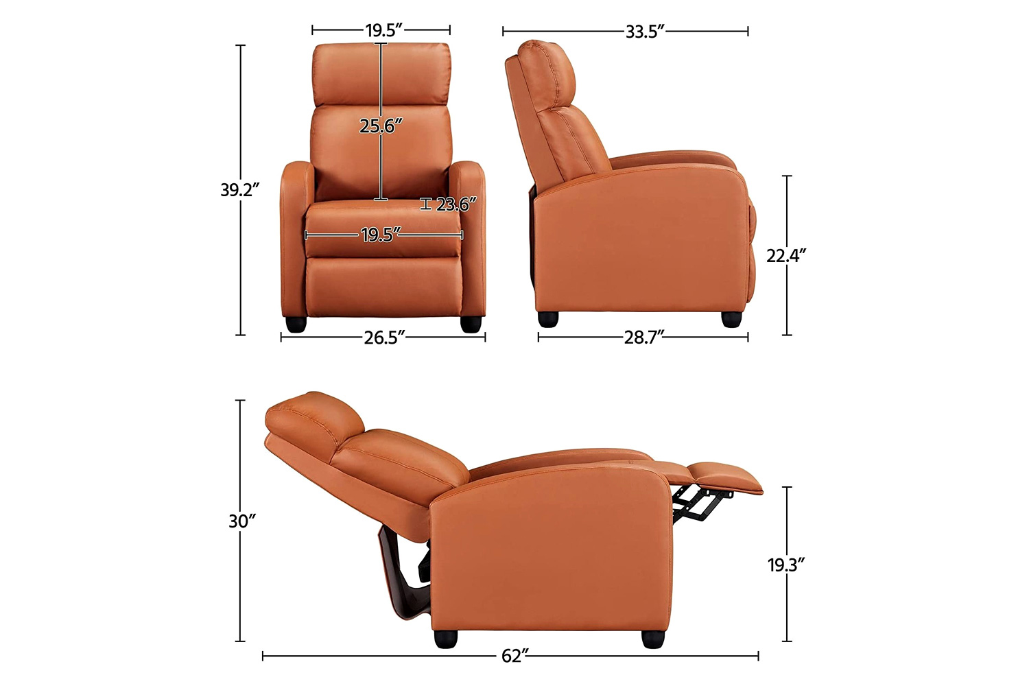 FaFurn™ High-Density Faux Leather Push Back Recliner Chair - Brown