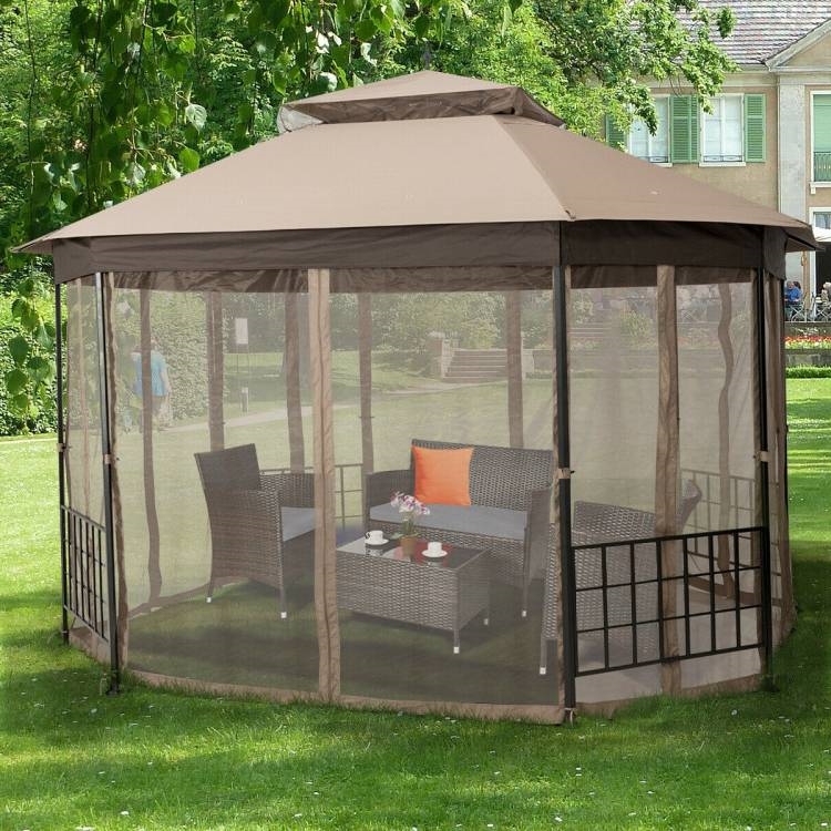 FaFurn™ Gazebo with Mosquito Net Sidewalls and Canopy - Brown, Metal/Polyester