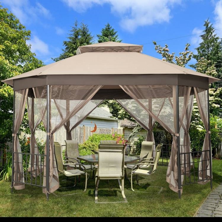 FaFurn™ Gazebo with Mosquito Net Sidewalls and Canopy - Brown, Metal/Polyester