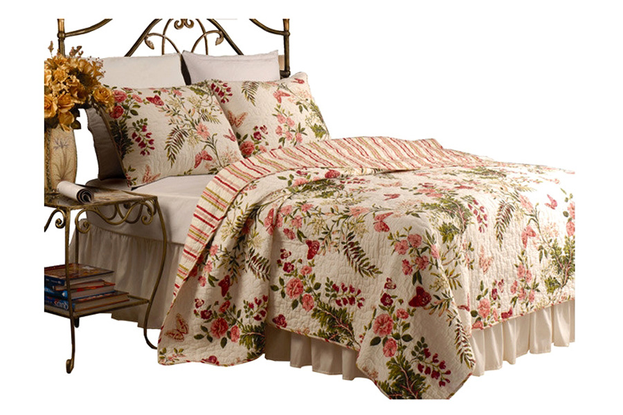 FaFurn - 3-Piece Cotton Quilt Set in Pink/Beige Floral Butterflies