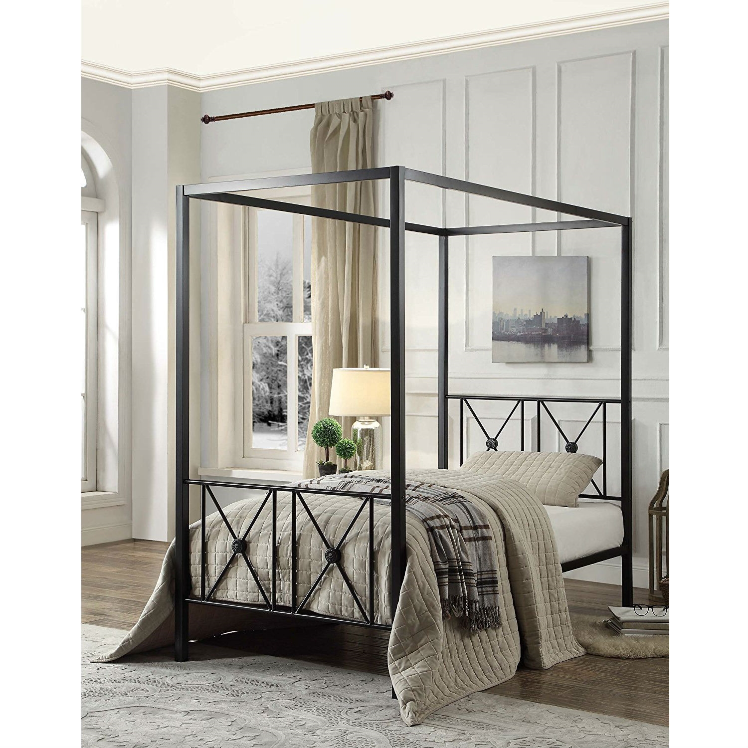 FaFurn - Twin Size Canopy Bed Frame with Medallion Accents in Black, Metal