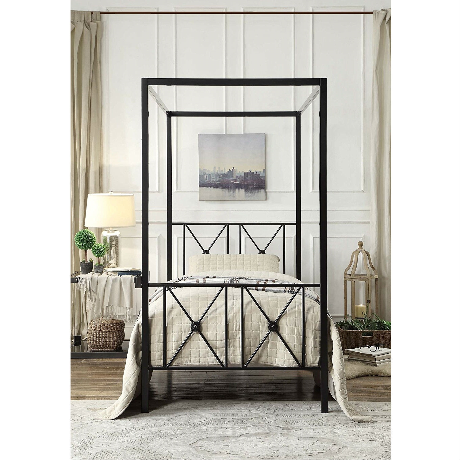 FaFurn - Twin Size Canopy Bed Frame with Medallion Accents in Black, Metal