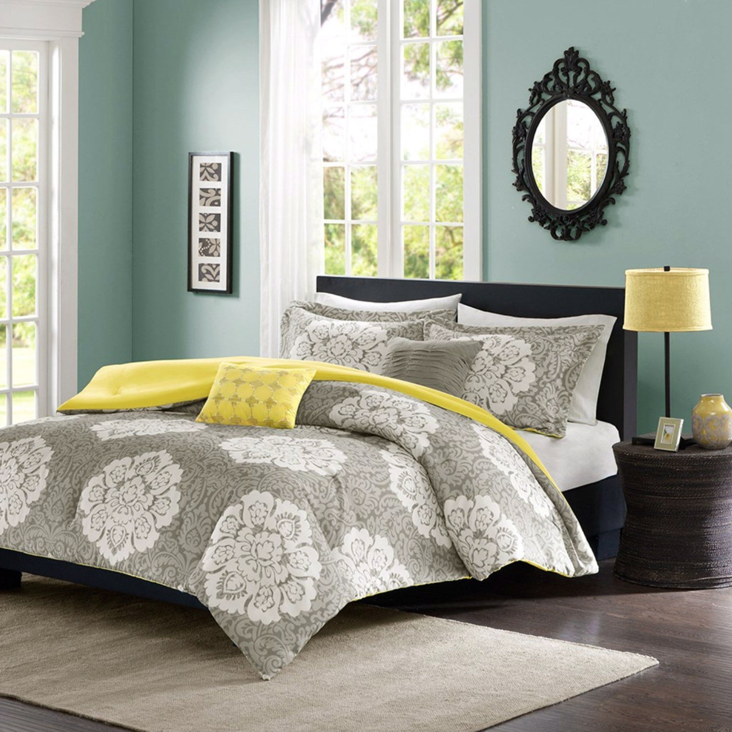 FaFurn Full/Queen Size Comforter Set with Soft Yellow Reverse - Gray/White