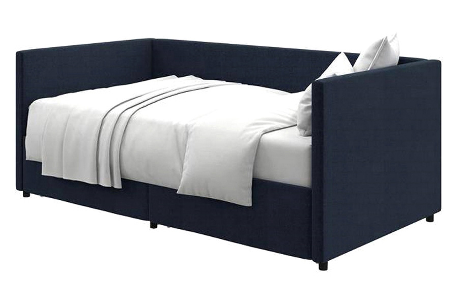 FaFurn - Navy Blue Linen Upholstered Daybed with Pull-Out Storage Drawers