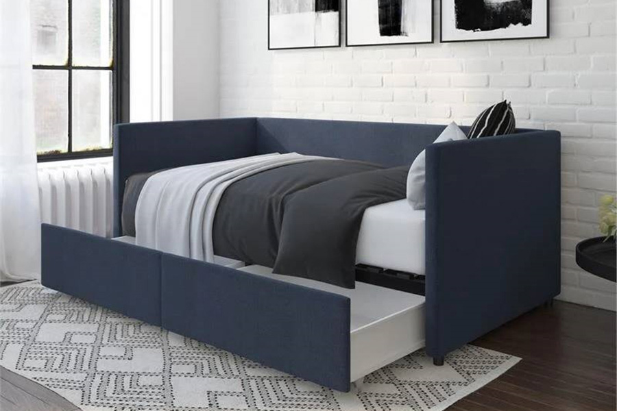 FaFurn - Navy Blue Linen Upholstered Daybed with Pull-Out Storage Drawers