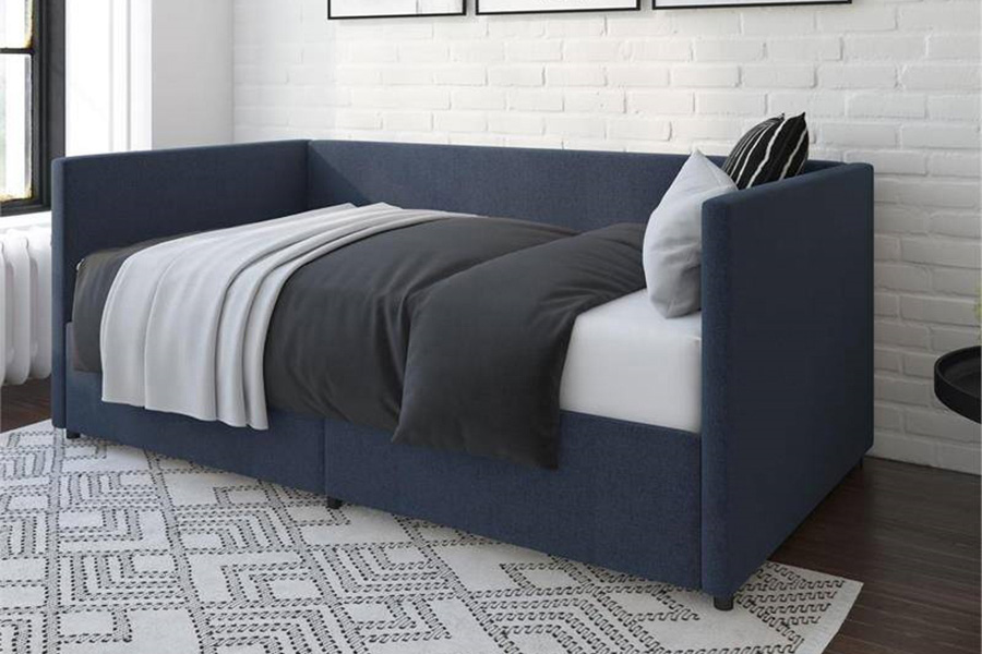 FaFurn - Navy Blue Linen Upholstered Daybed with Pull-Out Storage Drawers