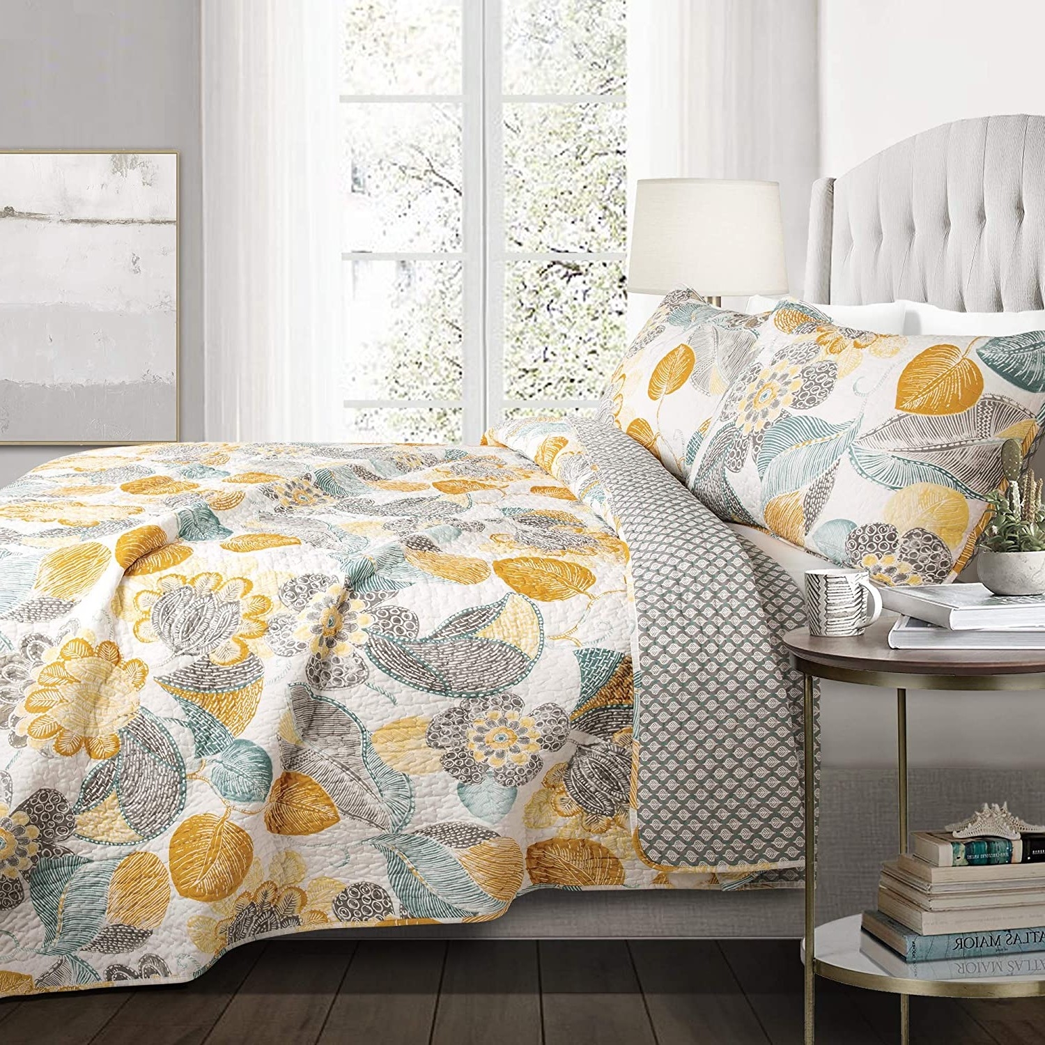 FaFurn - 3-Piece Full/Queen Size Reversible Quilt Set in Yellow/Gray/Teal, Cotton