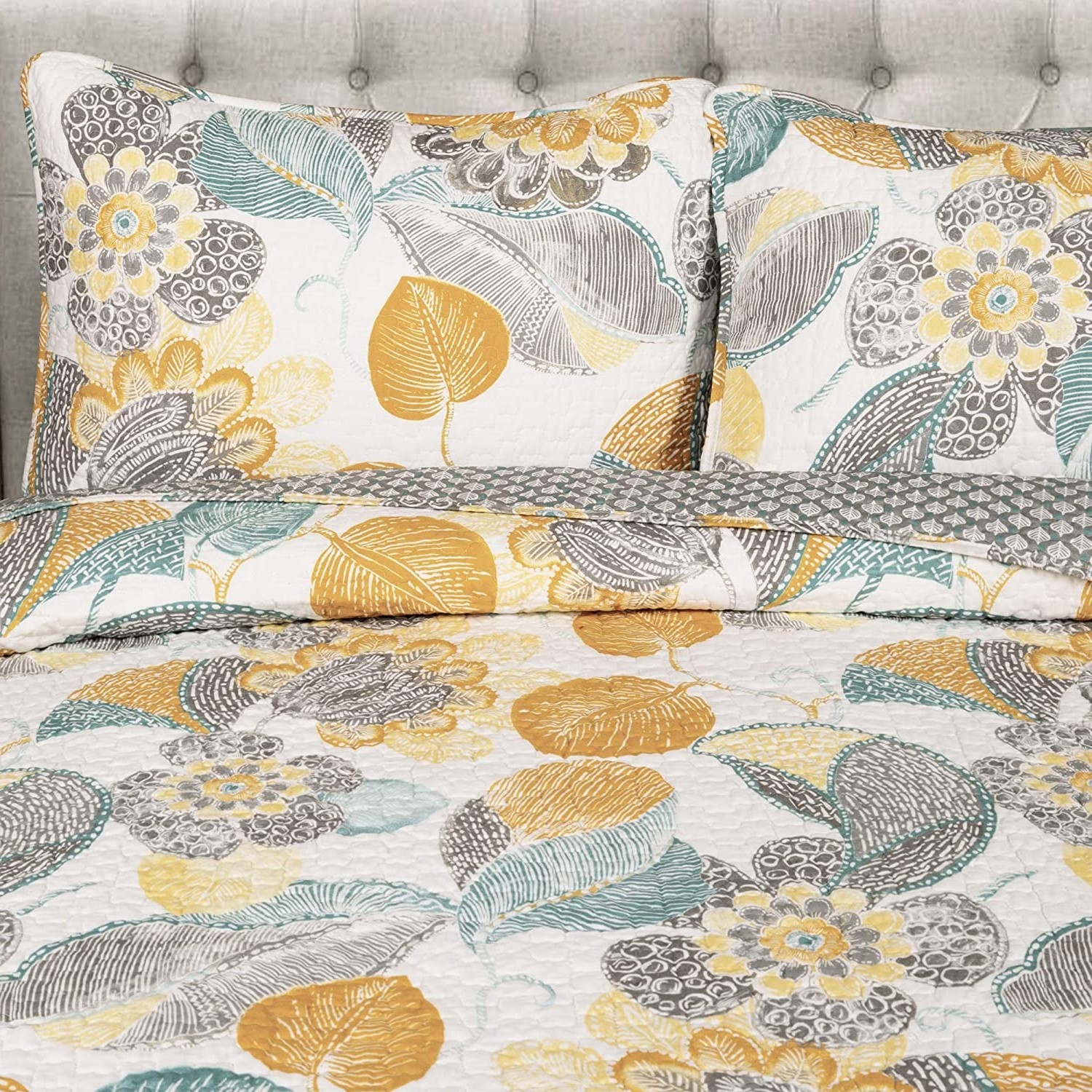 FaFurn - 3-Piece Full/Queen Size Reversible Quilt Set in Yellow/Gray/Teal, Cotton