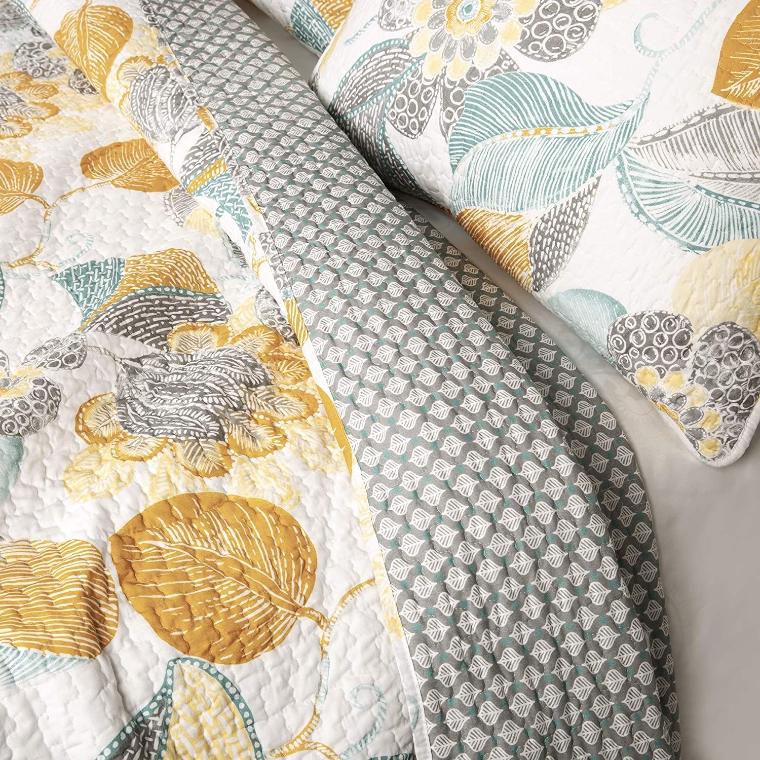 FaFurn - 3-Piece Full/Queen Size Reversible Quilt Set in Yellow/Gray/Teal, Cotton