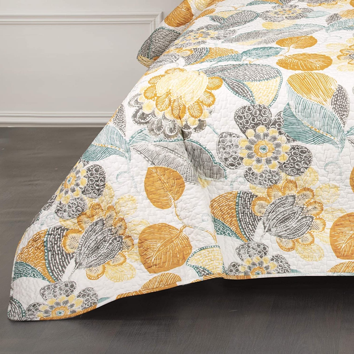 FaFurn - 3-Piece Full/Queen Size Reversible Quilt Set in Yellow/Gray/Teal, Cotton