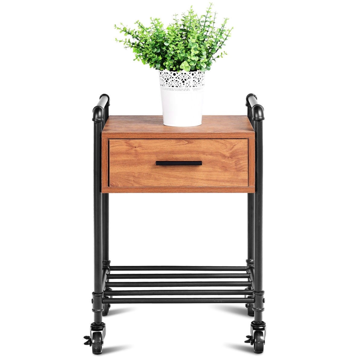 FaFurn - 1-Drawer Nightstand in Black/Walnut, Steel/Wood