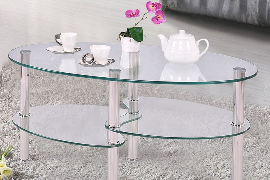 FaFurn™ Modern Oval Tempered Glass Coffee Table with Bottom Shelf - Clear/Chrome