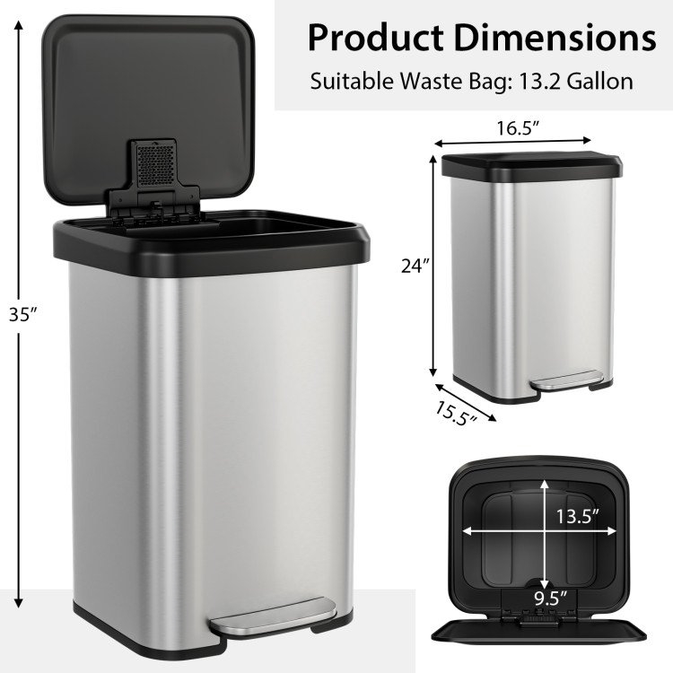 FaFurn 13 Gallon Trash Can with Soft Close Lid - Silver