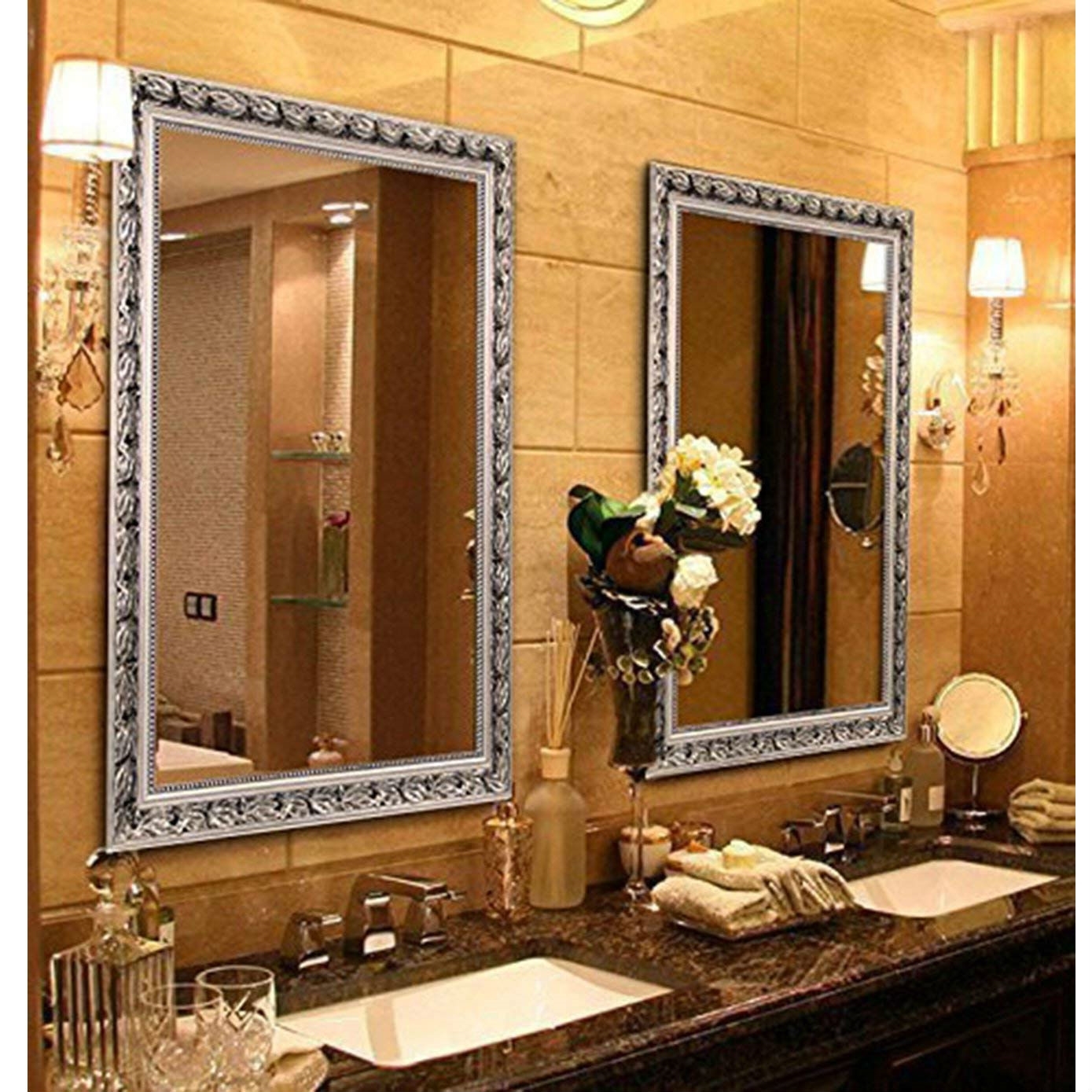 FaFurn™ Mirror with Baroque Style Wood Frame - Silver